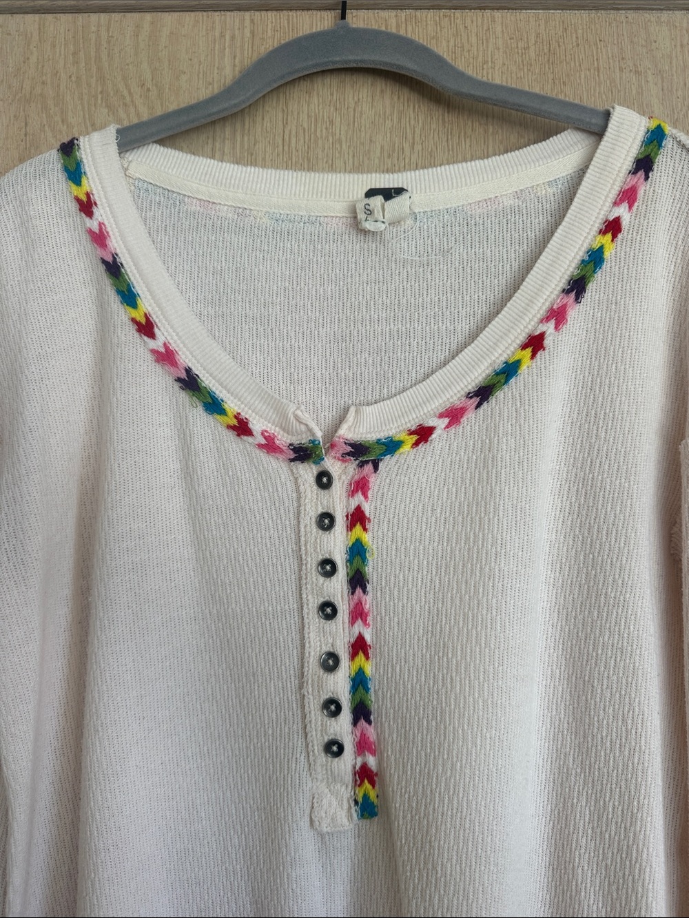 Free People Women's Cream Long-Sleeve Knit Henley Top with Multicolor Trim - Picture 2 of 5